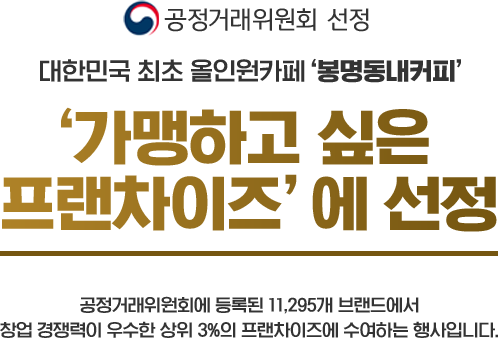 대한민국 최초 올인원카페 봉명동내커피-가맹하고싶은 프랜차이즈에 선정, 공정거래위원회에 등록된 11,295개 브랜드에서 창업 경쟁력이 우수한 상위 3%의 프랜차이즈에 수여하는 행사입니다.
